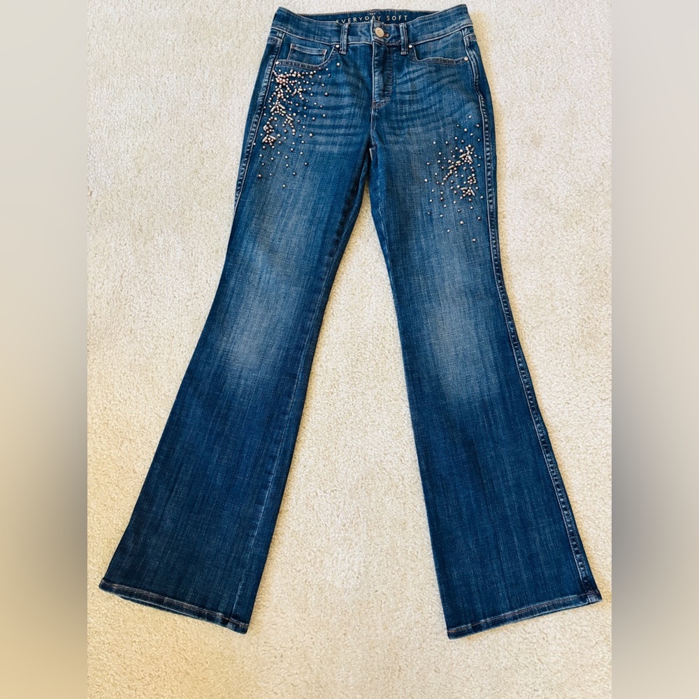 White House Black Market Blue Flare Jeans with Embellishments 2P